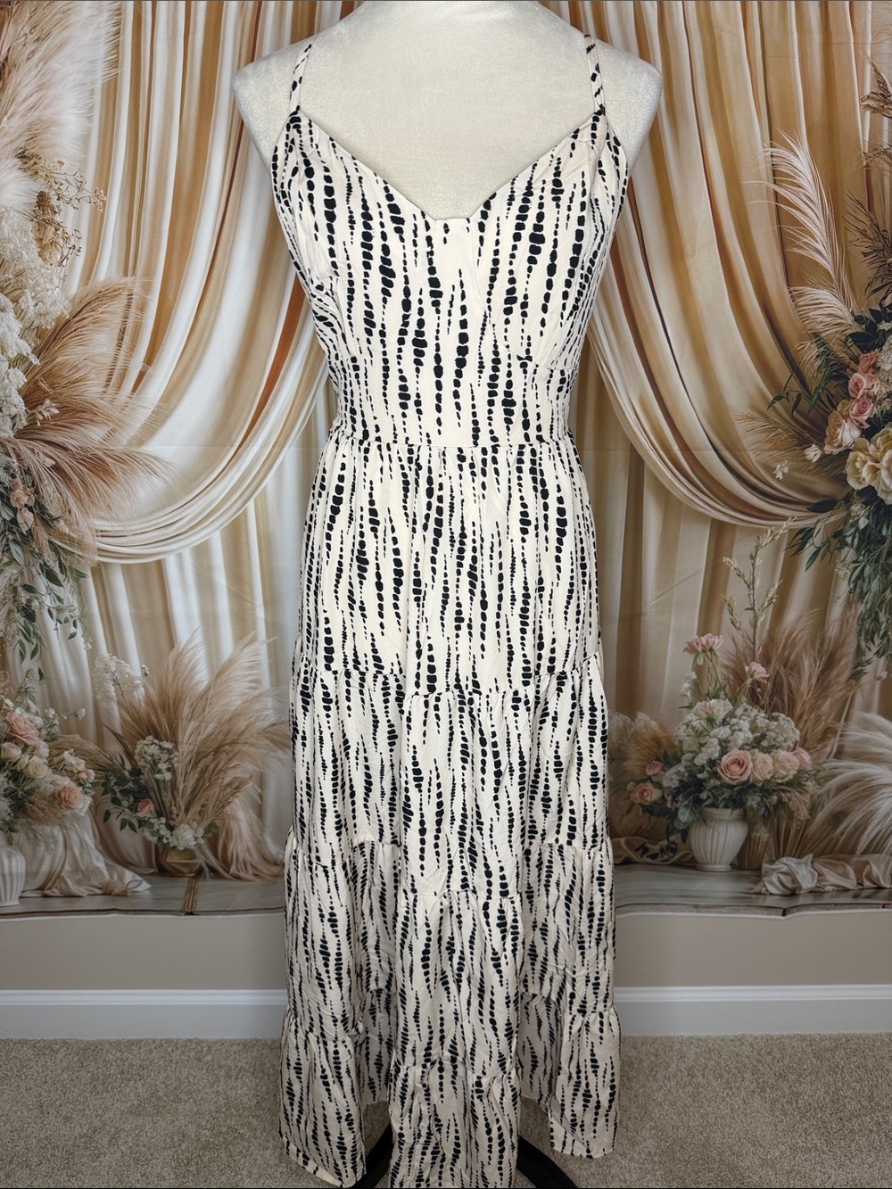 SHEIN Ivory Spaghetti-Strap Maxi Dress with Black Abstract Dot Stripe Print NWOT
